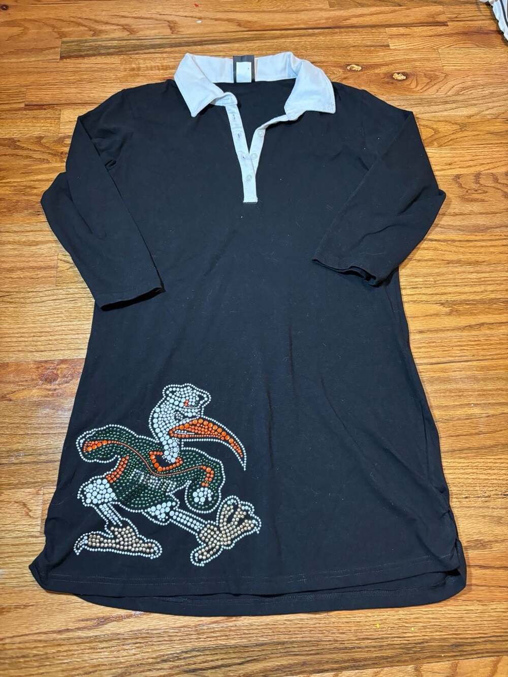 Miss Fanatic Cure Long Sleeve Polo Dress with Rhinestone Ibis Bird Graphic